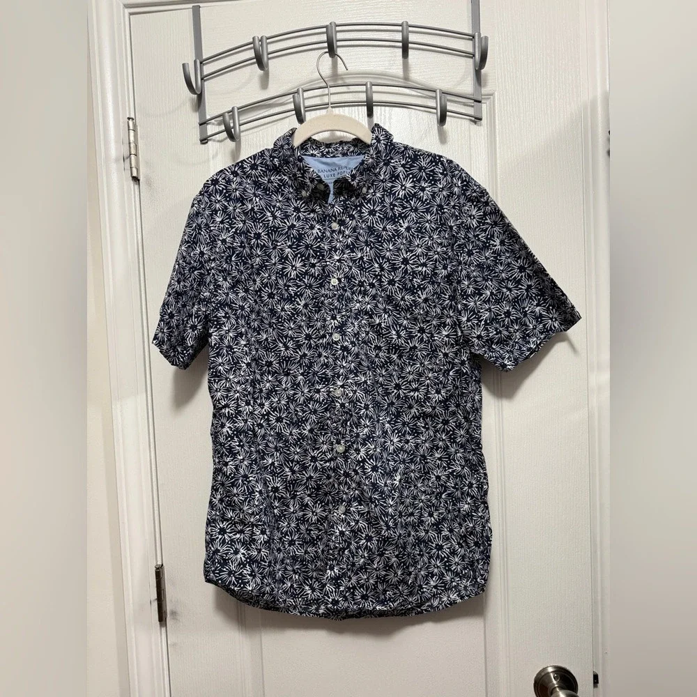 Banana Republic Men's m Slim-fit Luxe Poplin Shirt Navy white Fourth of July EUC